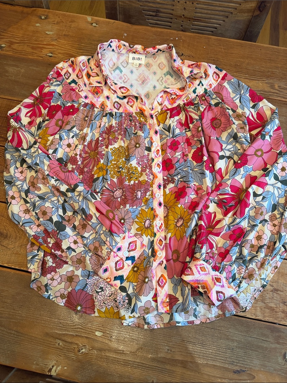 BiBi Pink Multicolor Floral Ruffle Button-Up Blouse